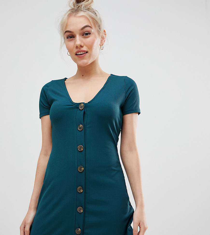 Imagen principal de producto de Vestido de canalé con parte delantera abotonada en verde de Miss Selfridge Petite - Miss Selfridge Petite