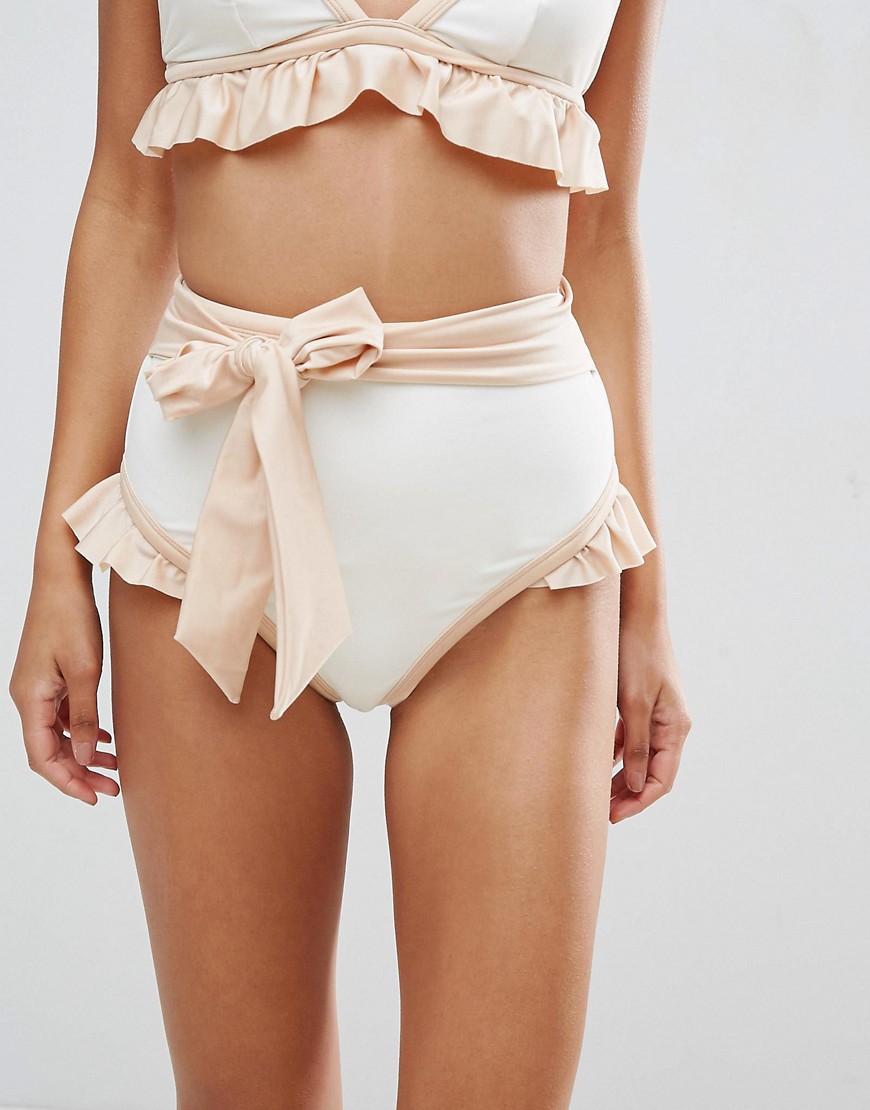 ASOS BRIDAL Contrast Tie High Waist Frill Bikini Bottom - White