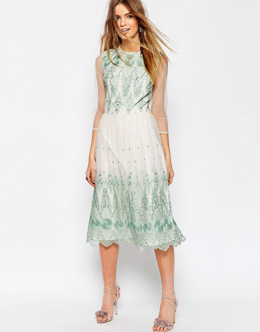 Image 1 of ASOS PREMIUM Mesh Midi Dress With Green Embroidery
