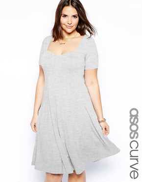 ASOS CURVE Skater Dress With Sweetheart Neck and Short Sleeve In Longer Length 