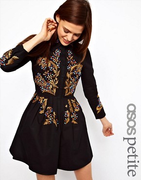 Image 1 of ASOS PETITE Exclusive Embroidered Dress In Cotton Ottoman