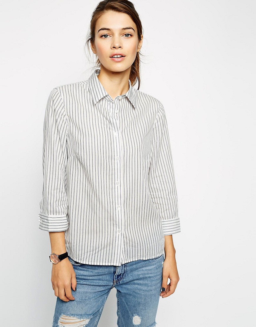 Image 1 of ASOS 3/4 Sleeve Shirt In Navy and White Stripe