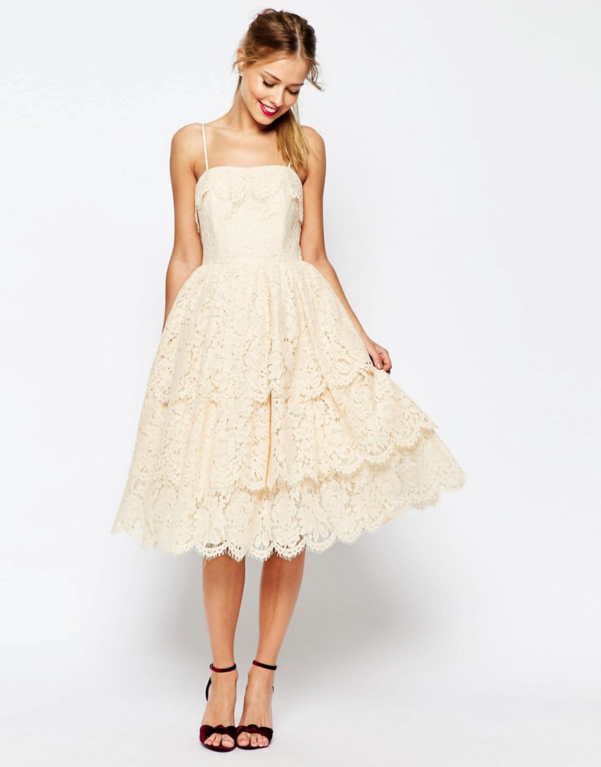 ASOS SALON Tiered Lace Midi Prom Dress - Cream