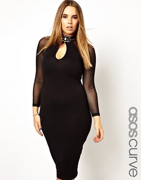 Image 1 of ASOS CURVE Bodycon Dress With Deep Plunge Brooch Neck