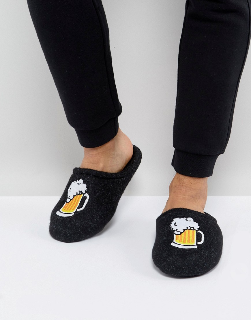 Slip On Slippers In Gray With Beer Embroidery