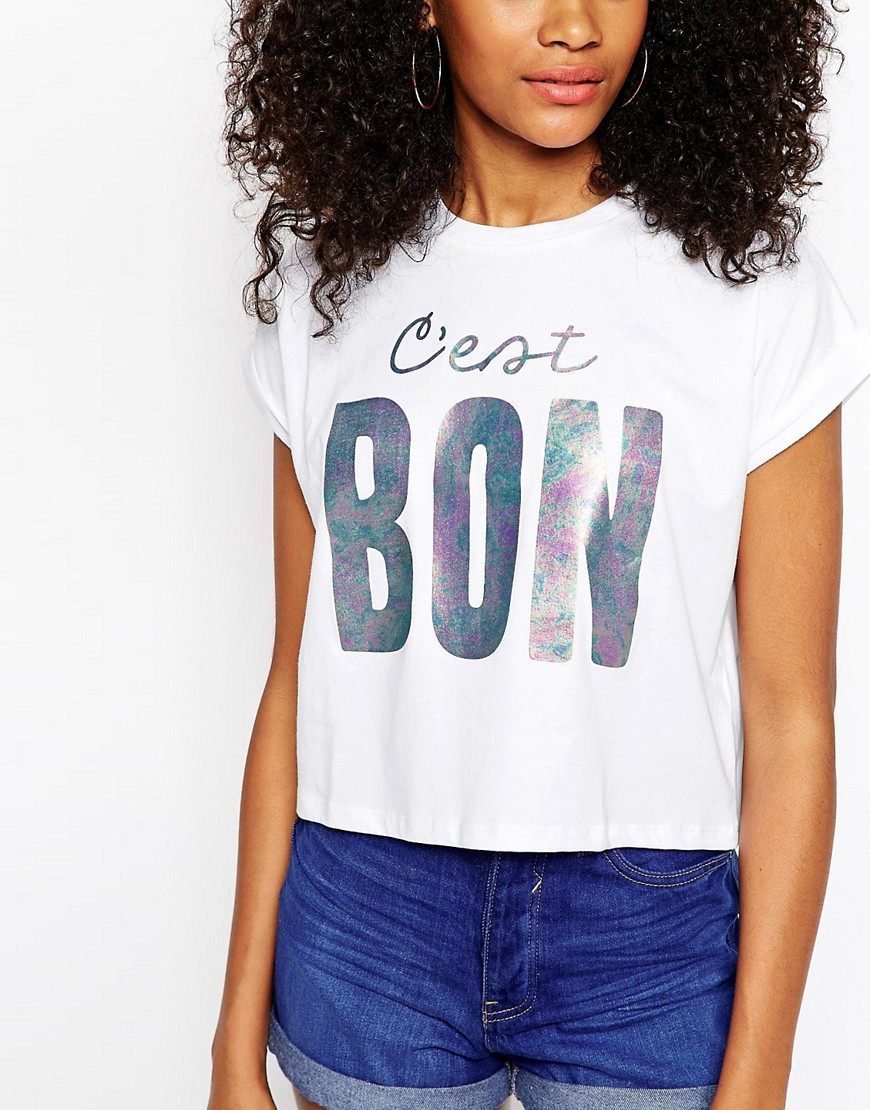 Image 3 of ASOS Cropped T-Shirt with C'est Bon Holographic Print
