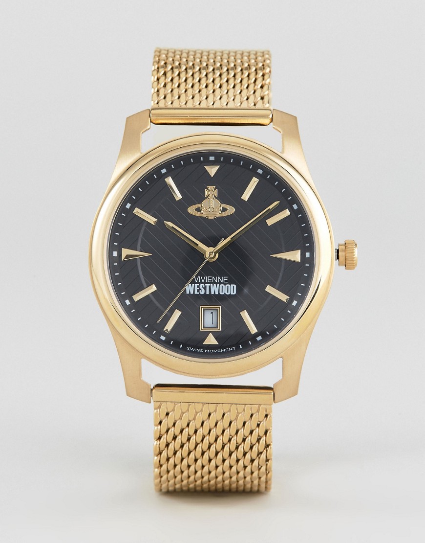 Золотистые часы с сетчатым браслетом Vivienne Westwood VV185BKGD