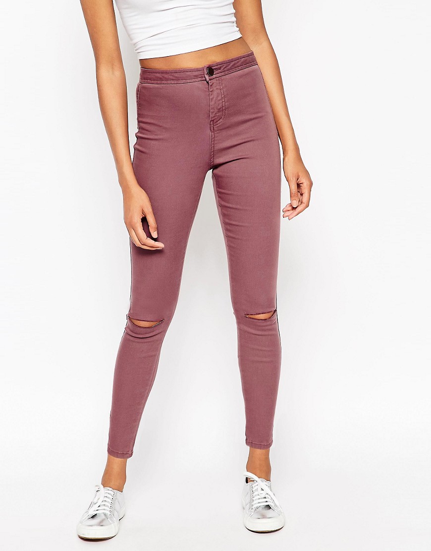 Image 1 of ASOS Rivington Ankle Grazer Jegging In Reddy Brown With Displaced Ripped Knees