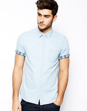 ASOS Denim Shirt In Short Sleeve With Contrast Stripe Trim 