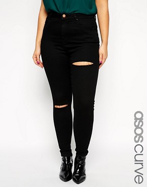 Image 1 of ASOS CURVE Ridley Skinny Jean in Clean Black with Thigh Rip & Busted Knee
