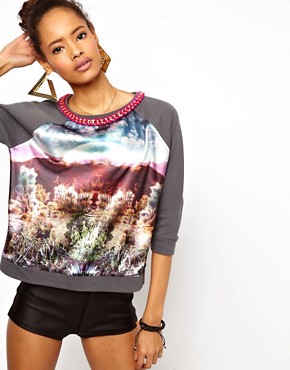 Image 1 of ASOS Sweatshirt with Woven Front Desert Scene with Chain