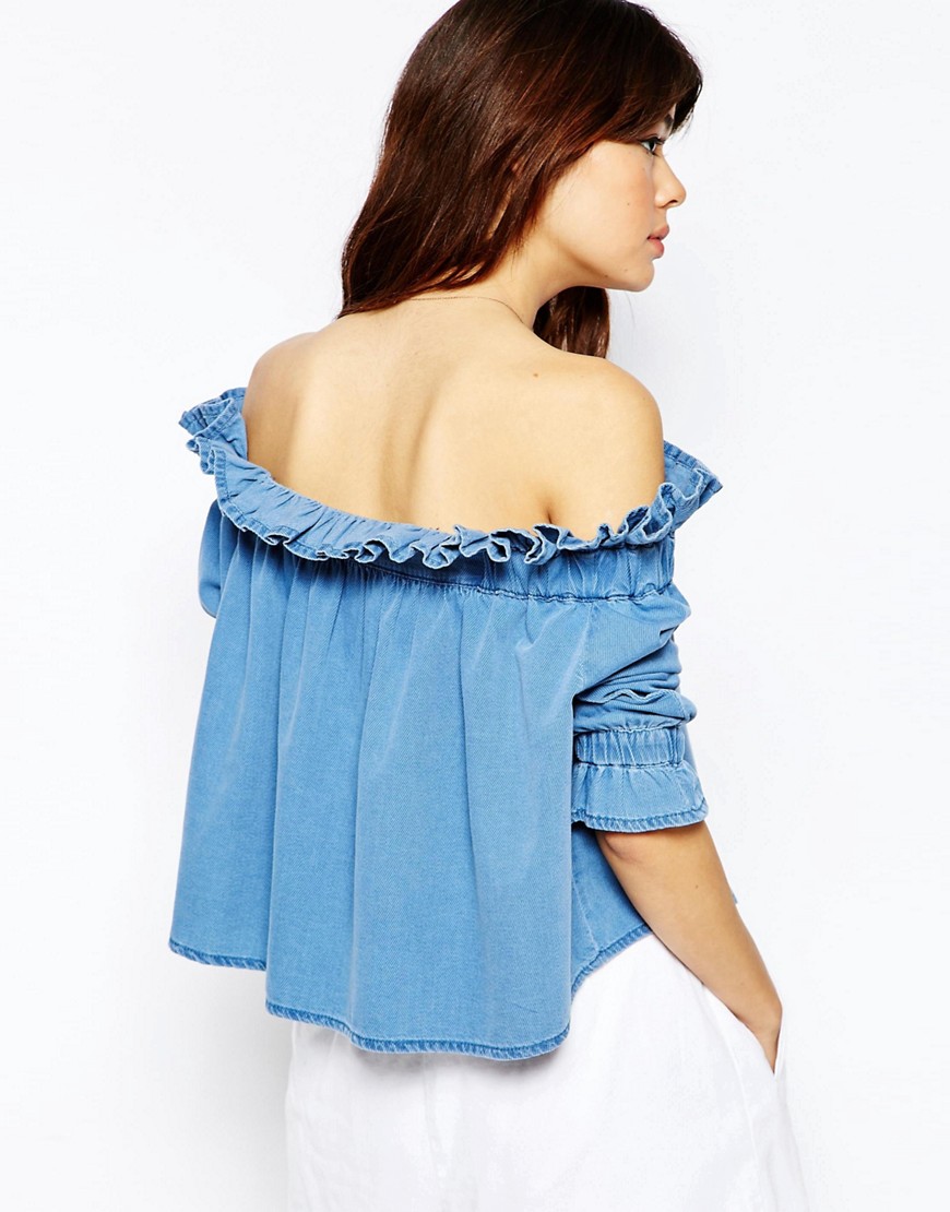 Image 2 of ASOS Denim Off Shoulder Top With Frill Detail In Mid Wash Blue