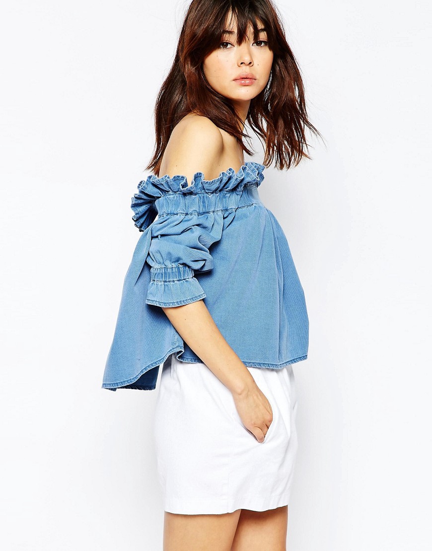 Image 1 of ASOS Denim Off Shoulder Top With Frill Detail In Mid Wash Blue