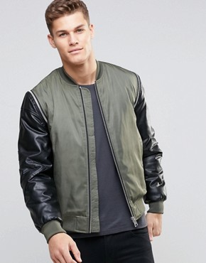 ASOS Bomber Jacket With Faux Leather Sleeves In Khaki
