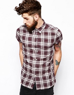 ASOS Linen Mix Shirt In Short Sleeve With Burgundy and White Check 