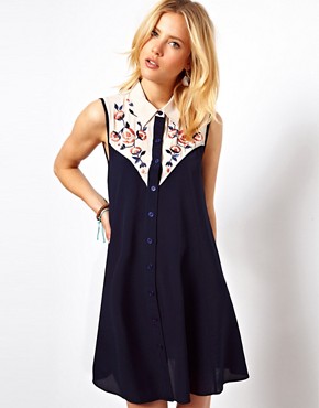 ASOS Sleeveless Shirt Dress With Colour Block And Embroidery