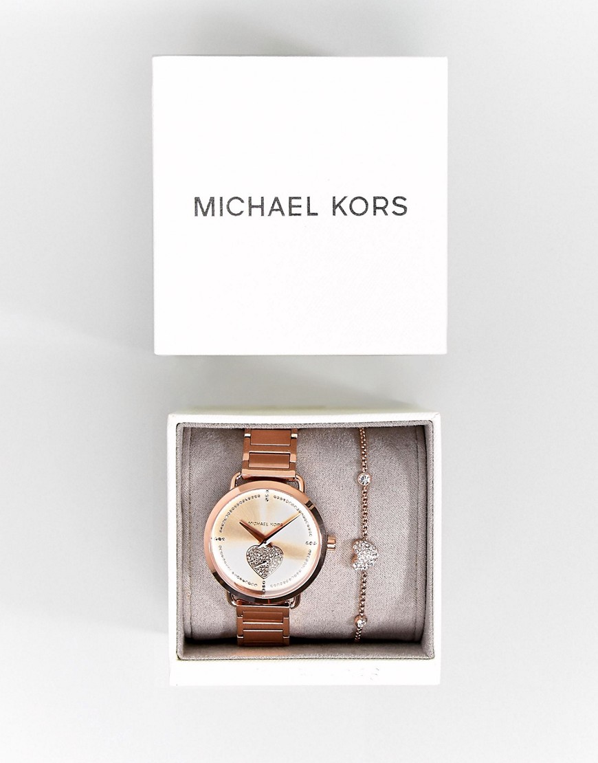Подарочный набор из розово-золотистых часов и браслета Michael Kors MK