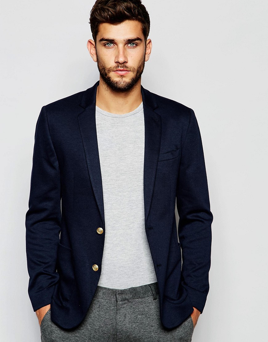 Image 1 of ASOS Skinny Blazer In Jersey With Gold Buttons