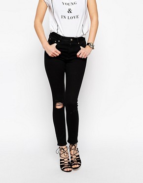 Image 1 of ASOS Ridley Skinny Ankle Grazer Jeans in Black with Shredded Knee