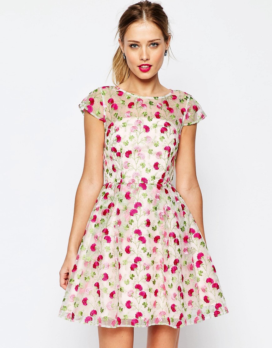 Image 1 of ASOS SALON Pretty Floral Embroidered Mini Skater Dress