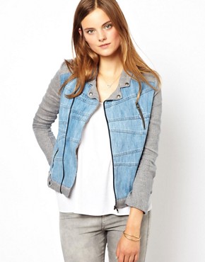 Image 1 of By Zoe Denim Biker Jacket with Knitted Sleeves