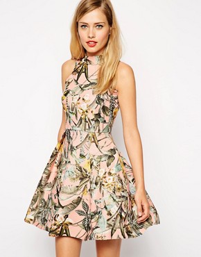 ASOS Structured Skater Dress with High Neck in Tropical Print 