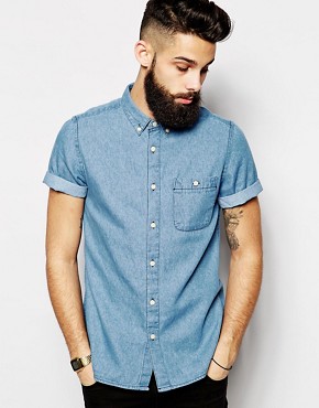ASOS Denim Shirt In Short Sleeve With Mid Wash 