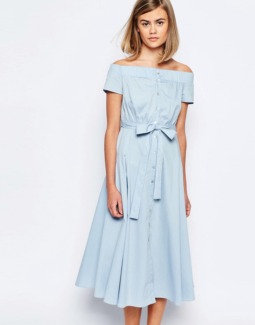 Image 1 of Lost Ink Off Shoulder Midi Dress with Button Through