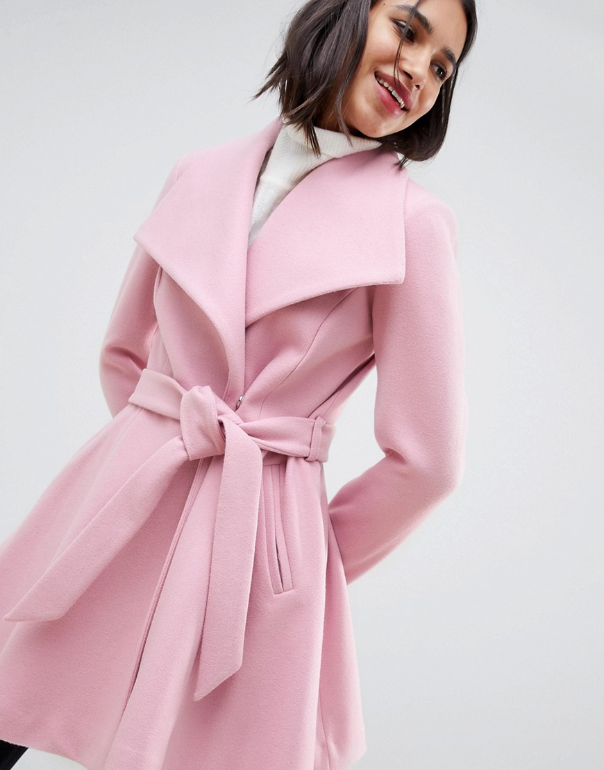 Пальто с поясом розовое женское
