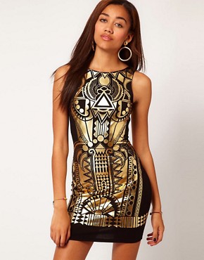 Image 1 of River Island Gold Foiled Bodycon Dress