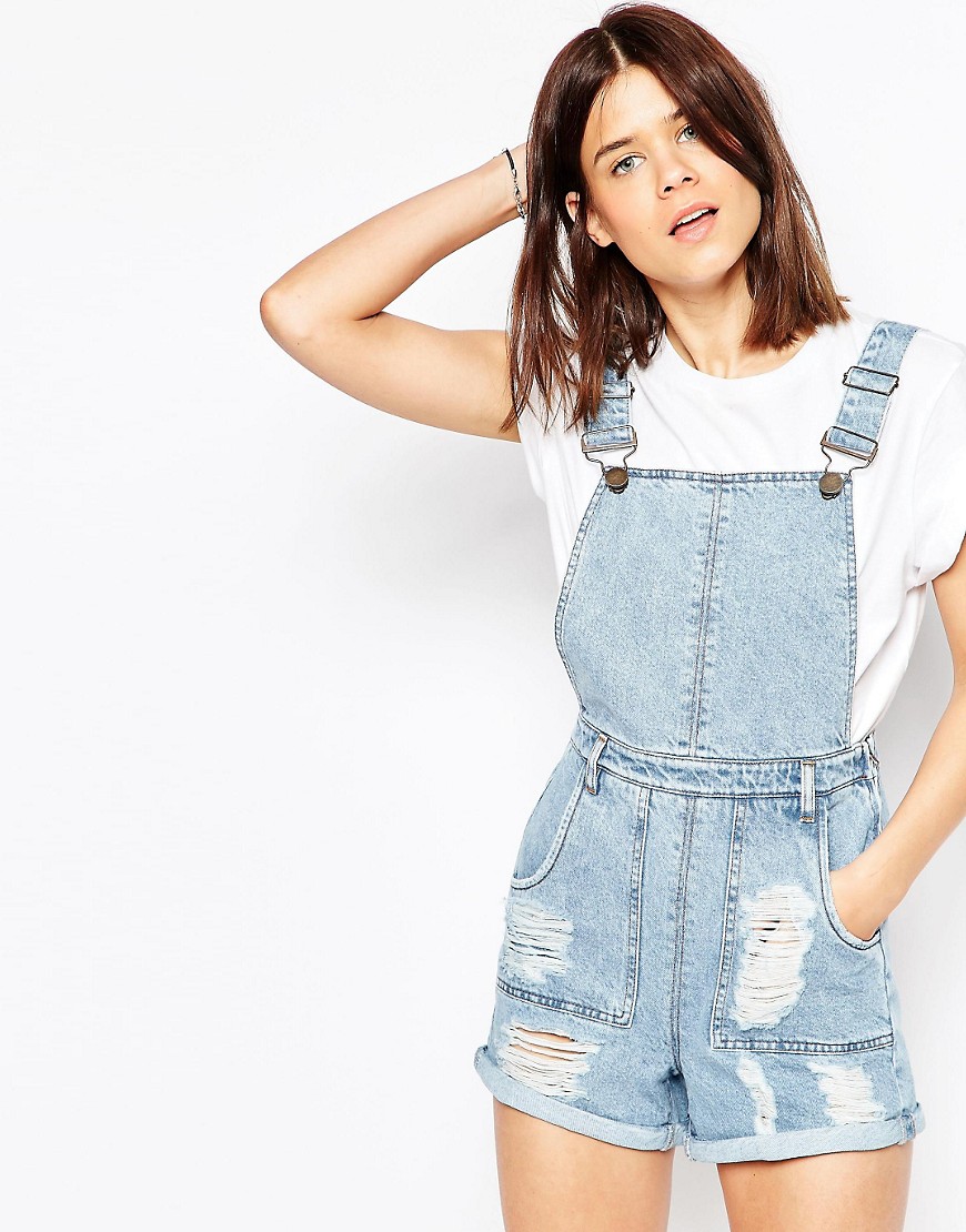 Image 1 of ASOS Denim Festival Overall Short In Vintage Wash With Rips And Rolled Hem