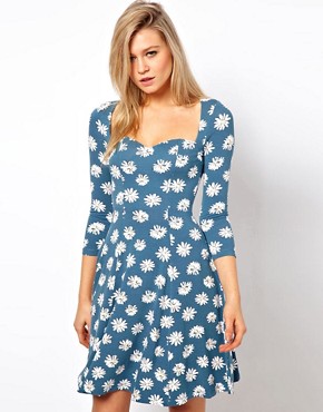 Image 1 of ASOS Skater Dress In Daisy Print With Sweetheart Neck