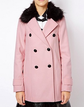 Image 3 of River Island Double Breasted Coat With Black Fur Collar