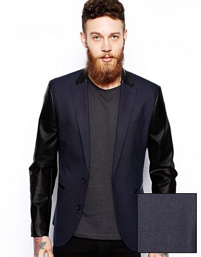 ASOS Slim Fit Blazer With Leather Look Sleeves 