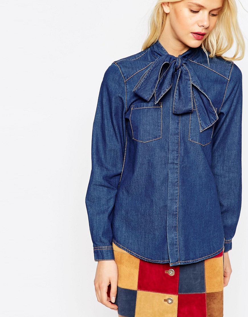 Image 3 of ASOS Denim Pussybow Shirt In Rich Blue