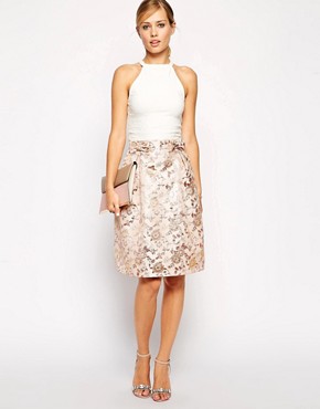 ASOS Premium Skirt in Pink Floral Jacquard with Bow Detail