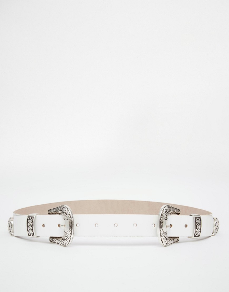 Image 1 of ASOS Leather Double Buckle Western Tip Waist And Hip Belt