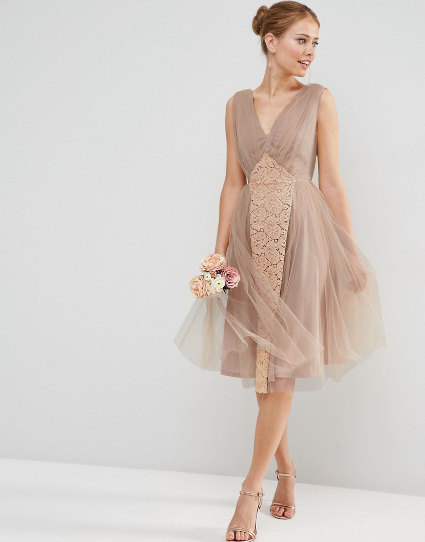 Image 1 of ASOS WEDDING Mesh and Lace Insert Midi Prom Dress