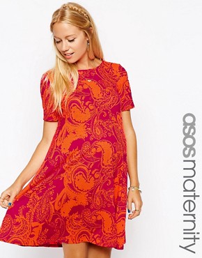 ASOS Maternity Swing Dress In Bright Paisley Print With Short Sleeve 