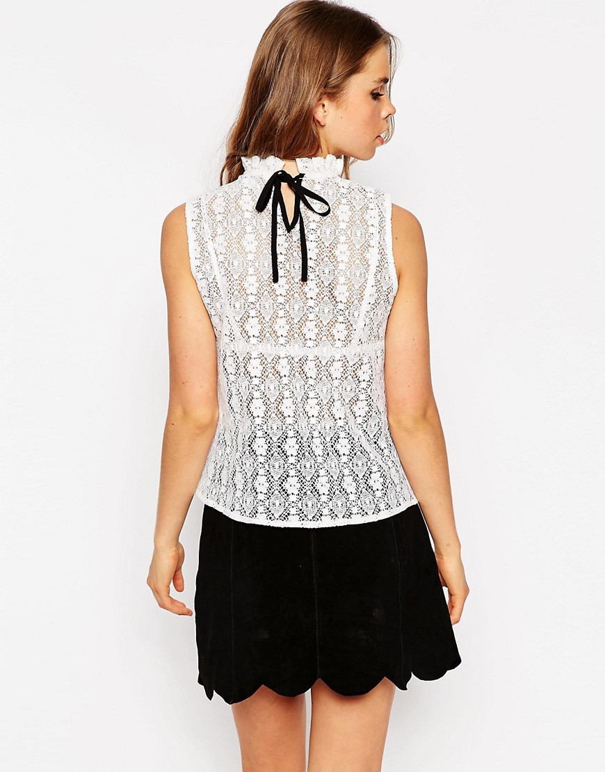 Image 2 of ASOS Sleeveless All Over Lace Frill Neck Top