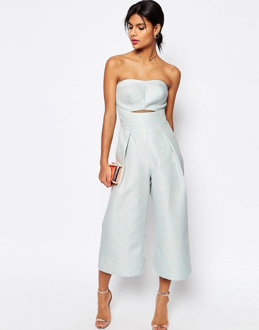 Image 1 of ASOS Premium Bandeau Jumpsuit in Jacquard with Cutout Front