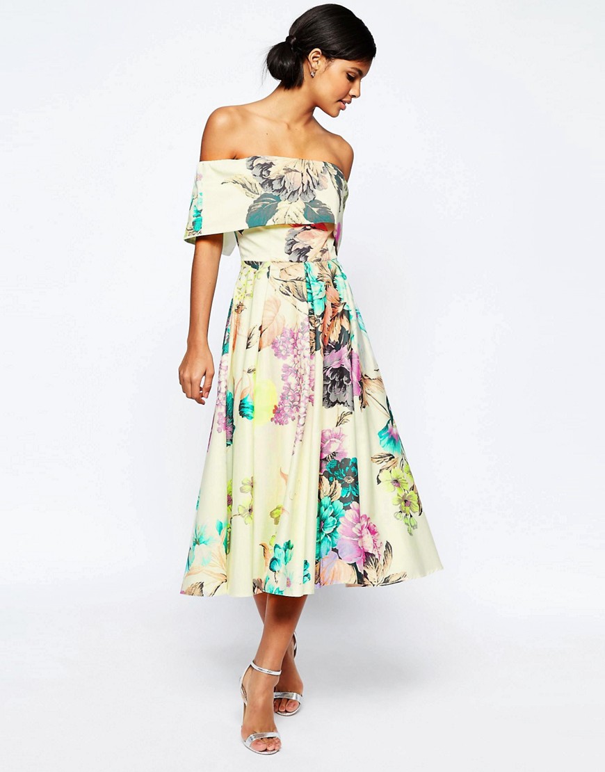 Image 1 of ASOS Premium Off The Shoulder Bardot Midi Prom Dress In Large Bright Floral