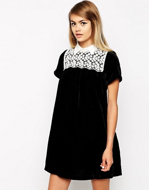 Image 1 of Little White Lies Velvet Smock Dress With Lace Bib
