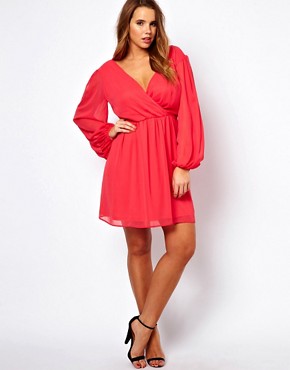 Image 4 of ASOS CURVE Wrap Dress with Blouson Sleeve and Lace