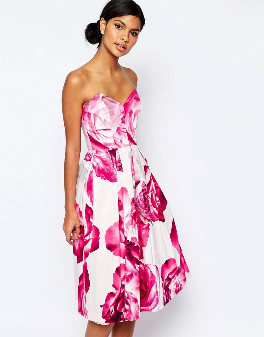 Image 1 of ASOS Bright Pink Floral Bandeau Midi Prom Dress