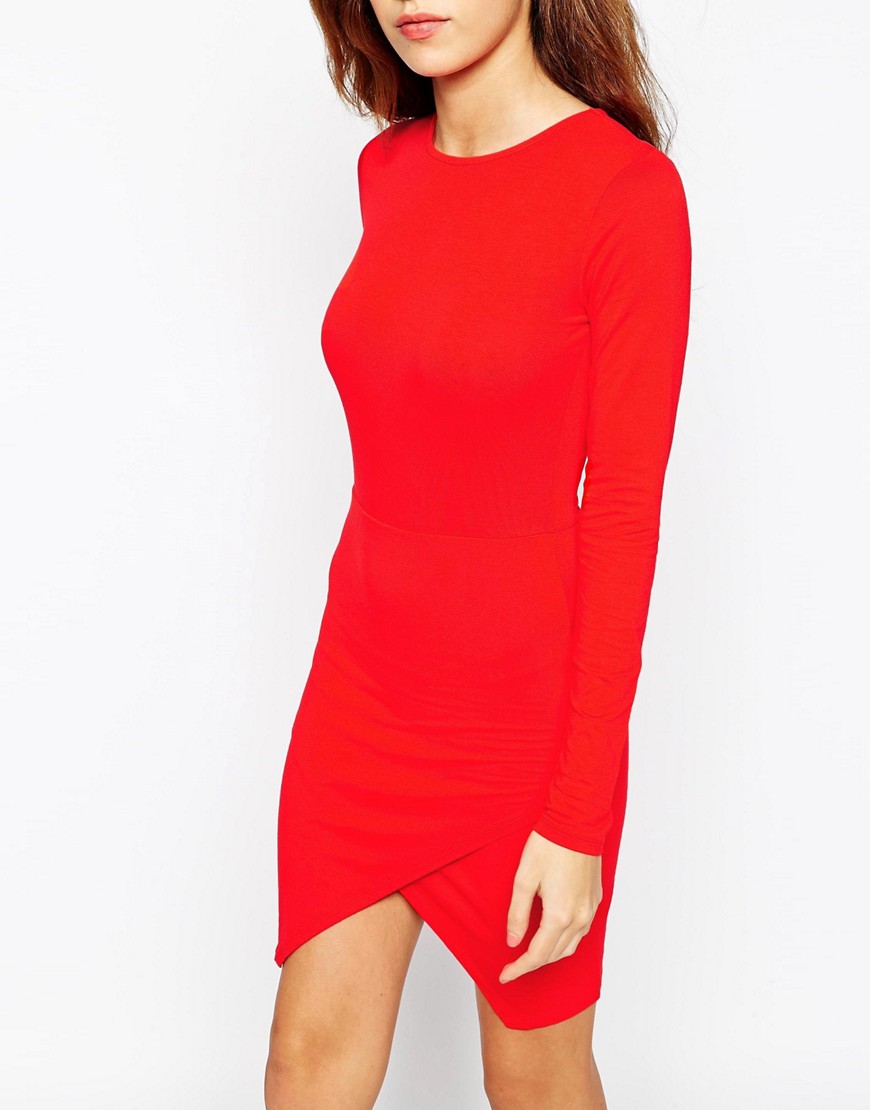 Image 3 of ASOS PETITE Asymmetric Bodycon Dress with Long Sleeves