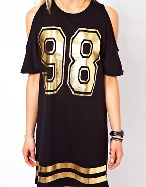 Image 3 of ASOS T-Shirt Dress With Cold Shoulder And Foil 98