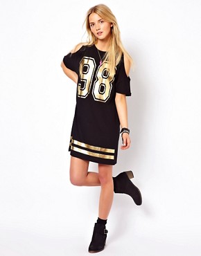 Image 4 of ASOS T-Shirt Dress With Cold Shoulder And Foil 98