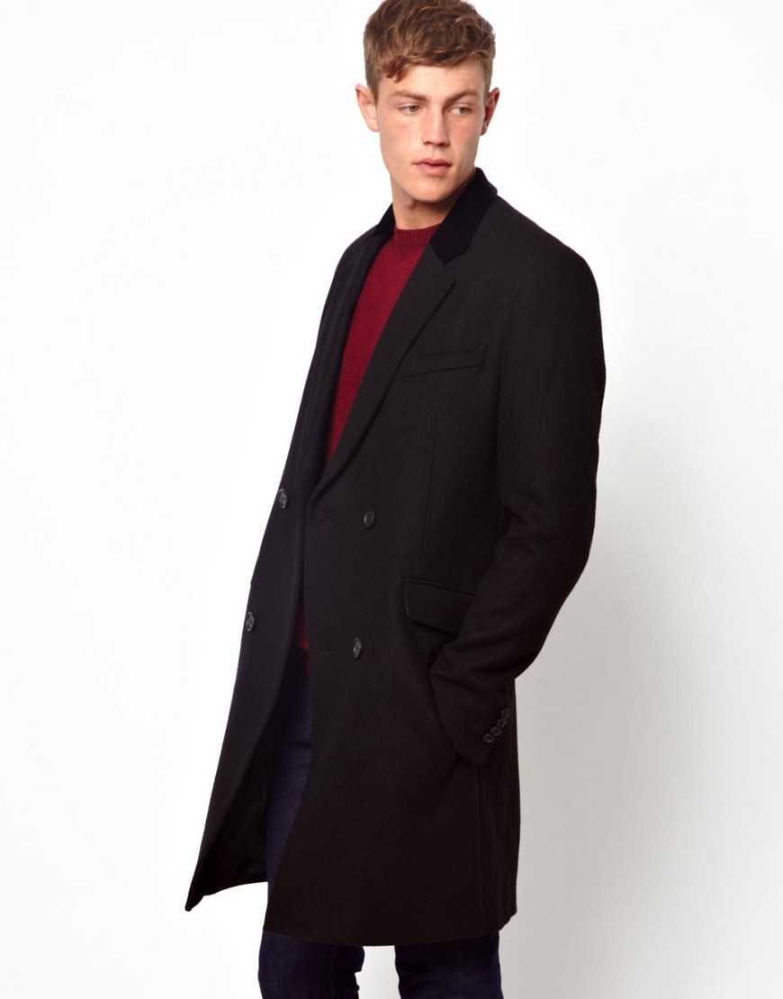 ASOS | ASOS Double Breasted Wool Overcoat In Black With Velvet Collar