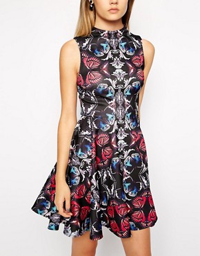 Image 3 of ASOS Scuba Skater Dress in Mirror Butterfly with High Neck